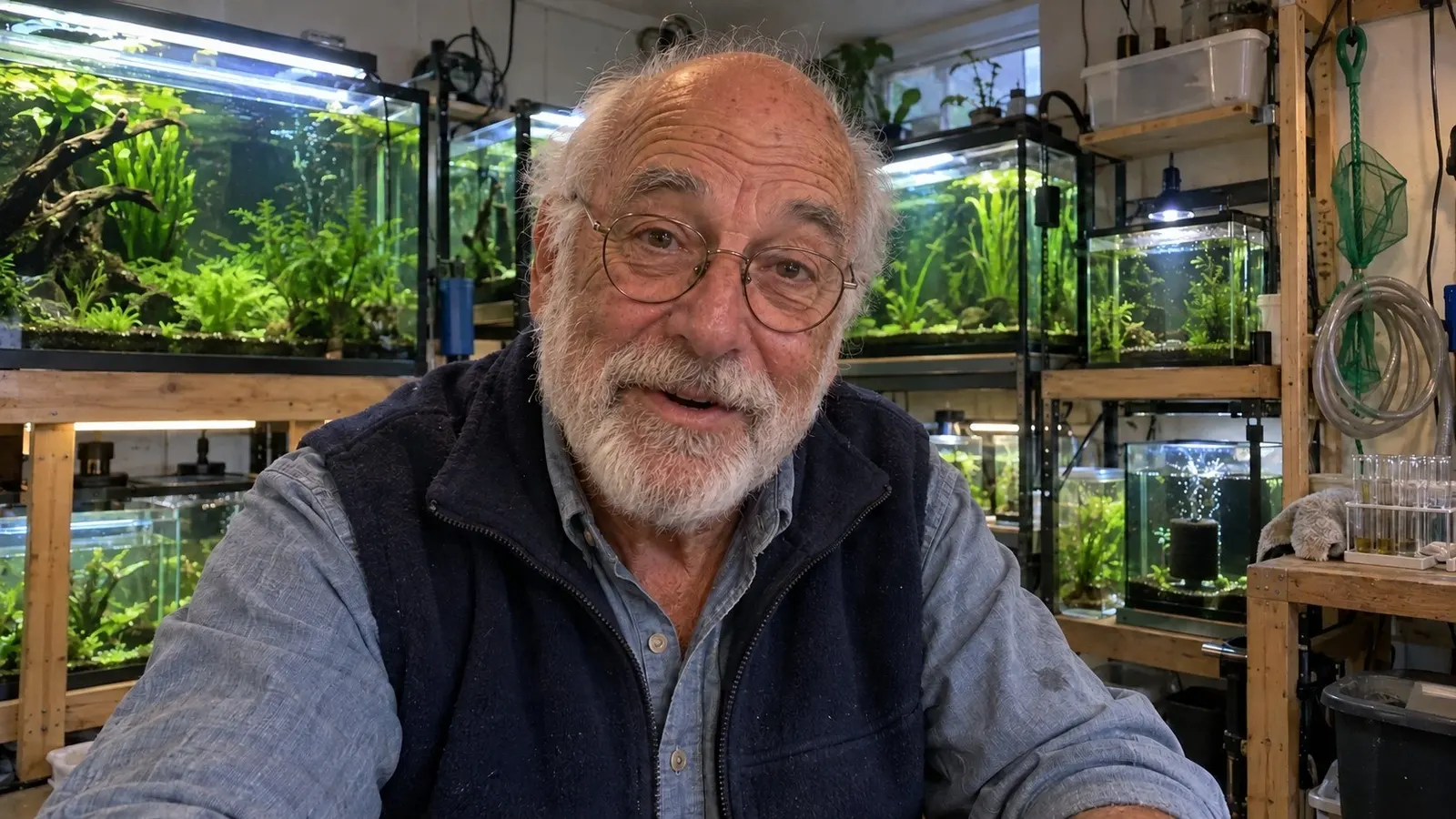 Gus Brookfield in his fish room, surrounded by planted aquariums
